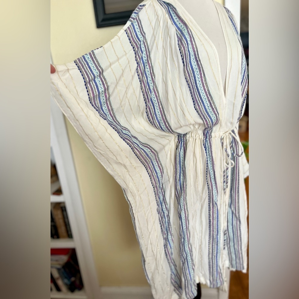 LoveStitch NWT Coverup Dress Poncho Tunic Drawstring Waist Tassles Stripe Print - Picture 4 of 8